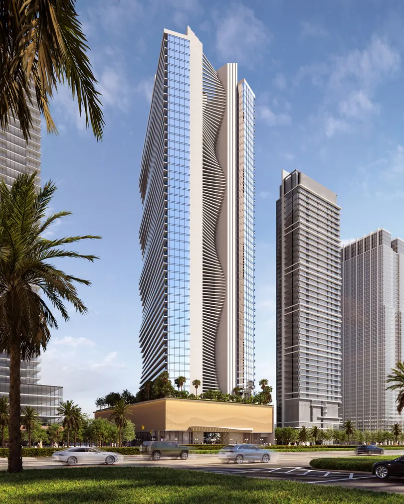 Mar Casa from the street, with palms and the neighbouring towers