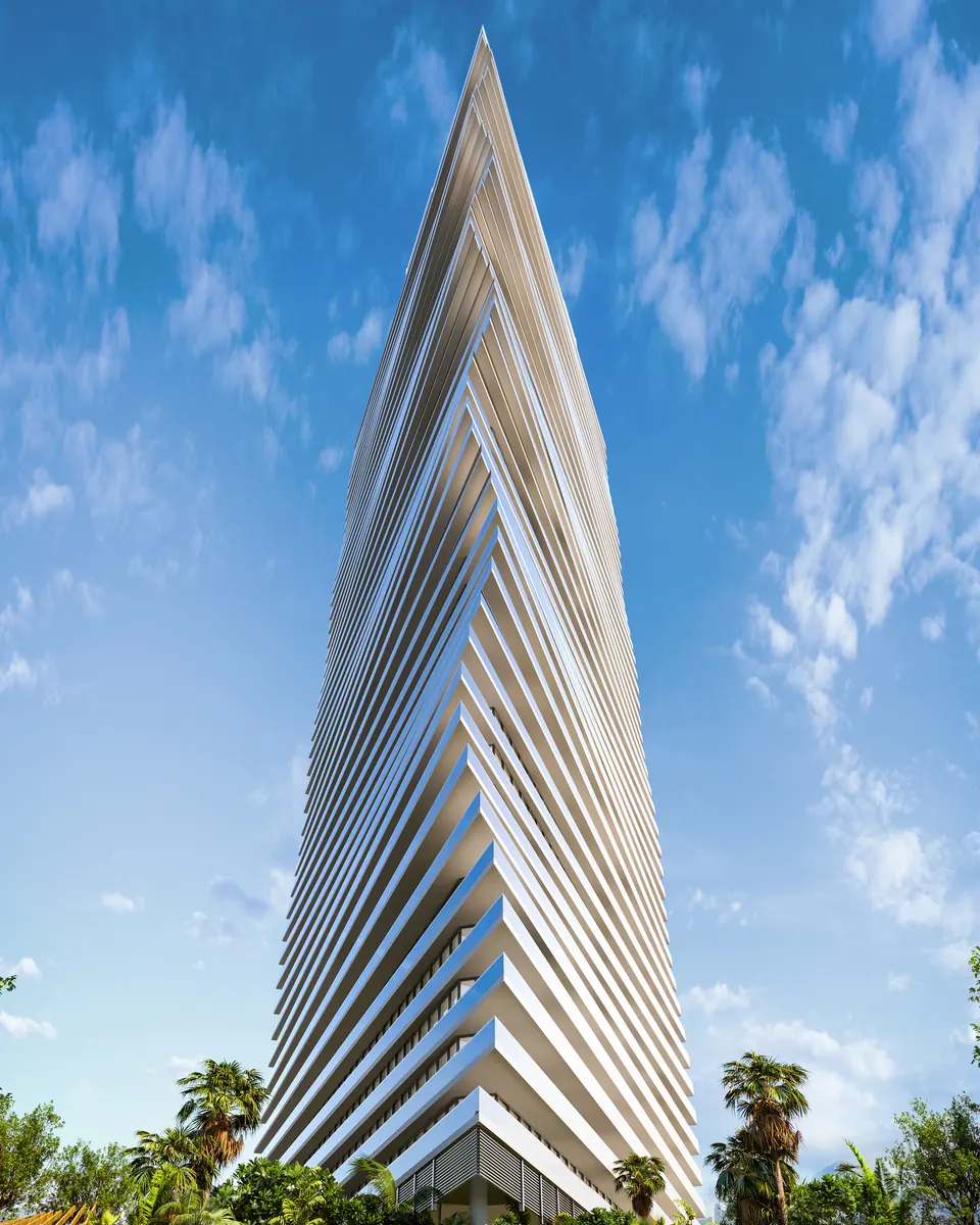 Mar Casa tower: a tapering facade of horizontal fins against the sky